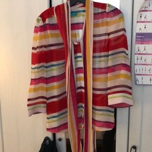 Colorful button down blouse with pussy bow